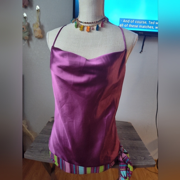 Bisou Bisou Tops - Bisou Bisou Purple Satin Camisole with Striped Hem